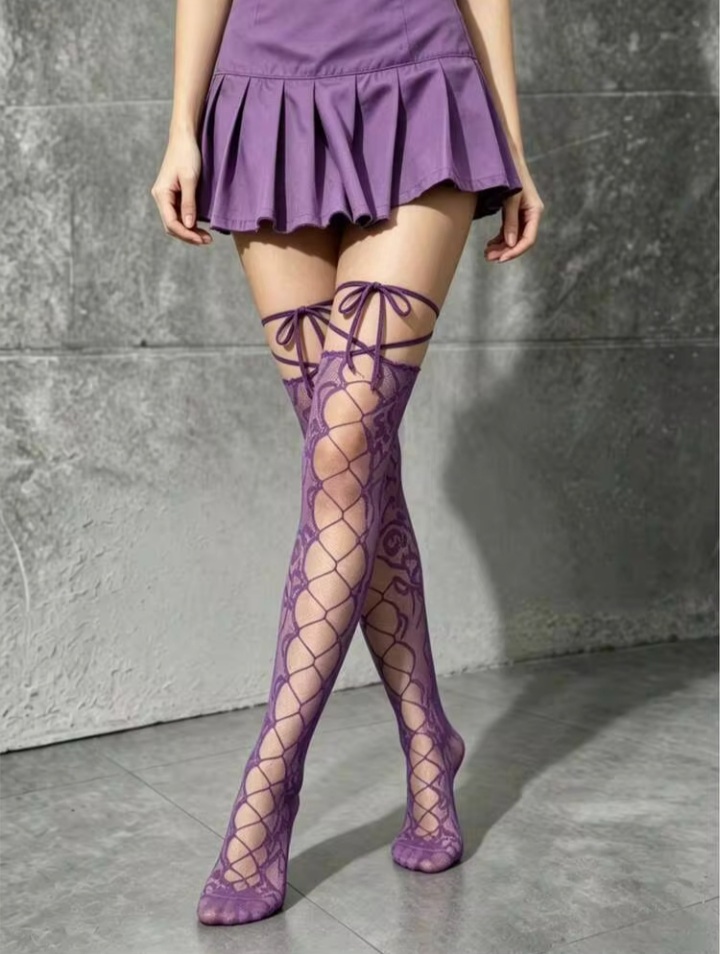 Women’s Black Lace-Up Over-the-Knee Fishnet Stockings – Crisscross Sheer Thigh-High Hosiery